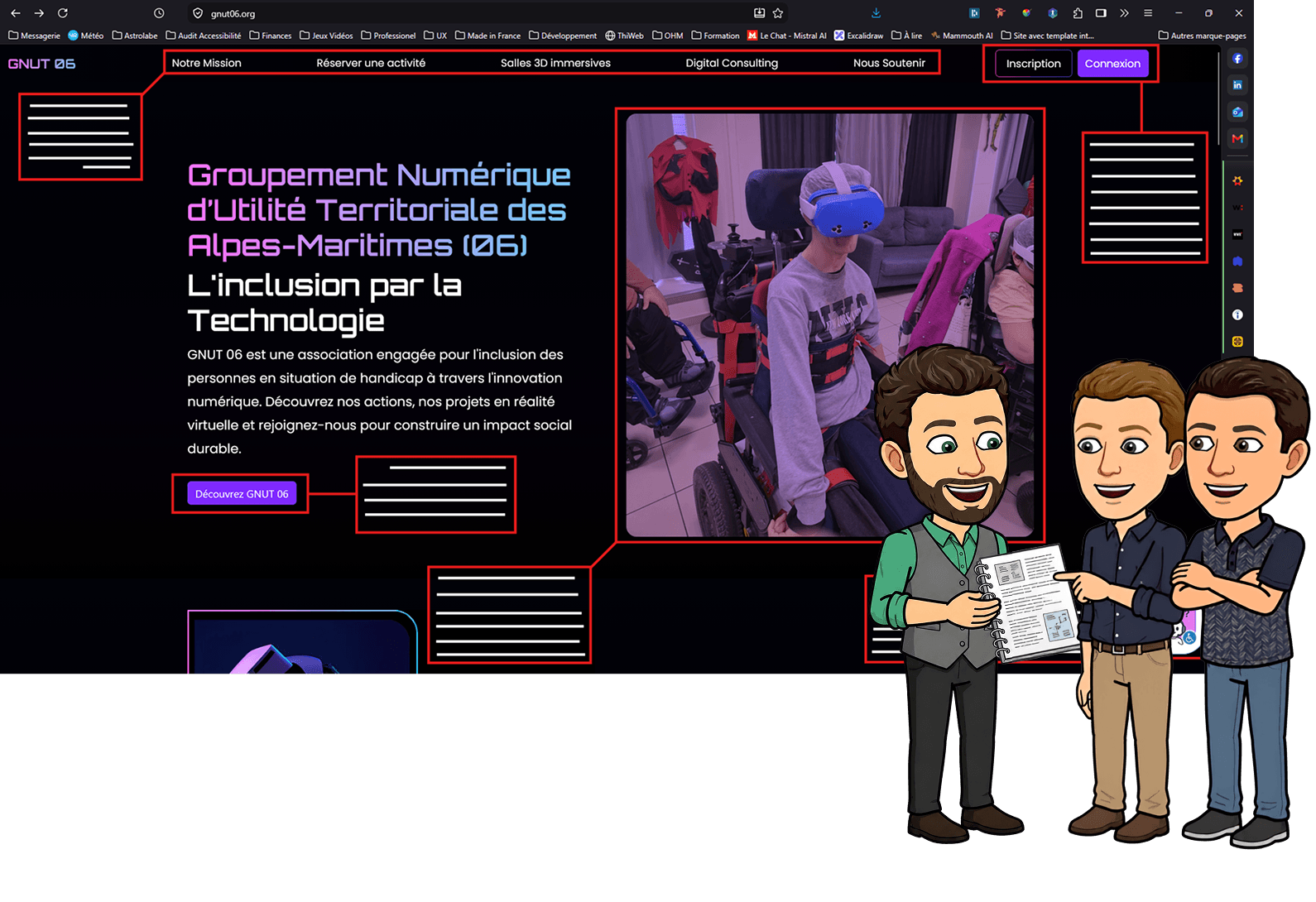 IHM du site GNUT06 annotée de corrections ; Vincent, en personnage cartoon, tend un rapport à deux bénévoles.