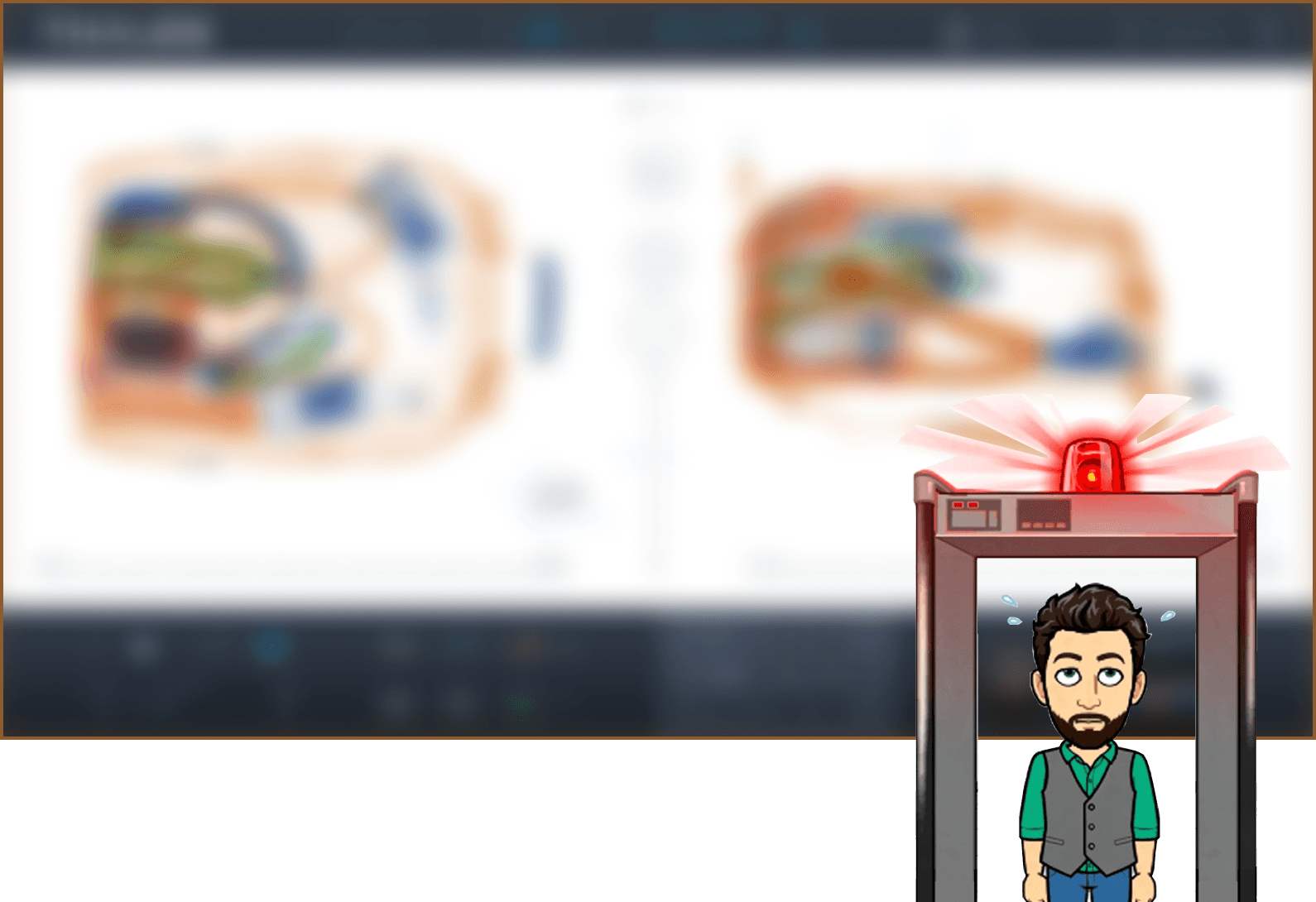 IHM floutée du logiciel IRIXX ; Vincent, en personnage cartoon, franchit un portique de sécurité.