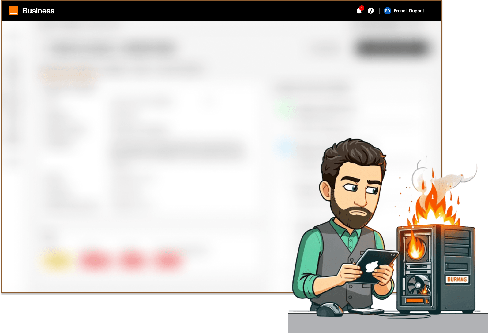 IHM floutée de la plateforme Vibe ; Vincent, en personnage cartoon, observe un ordinateur en train de brûler, une tablette à la main.